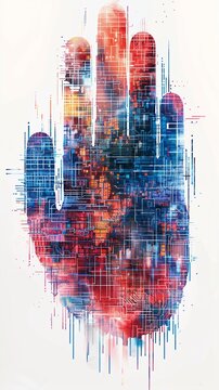 A detailed drawing capturing the essence of a fingerprint made up of countless tiny digital blocks, illustrating the concept of data protection through blockchain encryption, isolated on white for cla