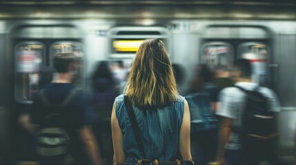 Woman from behind standing at busy subway with blurry people around