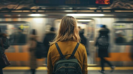 Woman from behind standing at busy subway with blurry people around