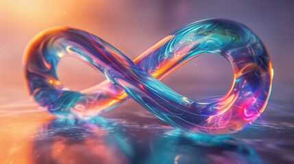 A moody, atmospheric image of a 3Drendered infinity sign, its light trails shimmering with a spectrum of colors against a white background, evoking the mystery and majesty of the infinite universe and