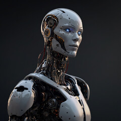 A poignant illustration of a humanoid robot. 3D Render. - obrazy, fototapety, plakaty