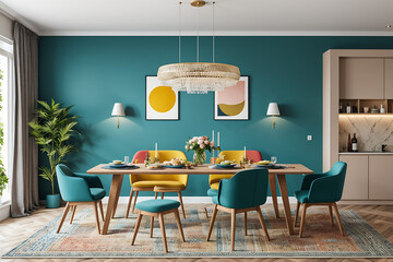 Colorful living room interior with dining table perfect for home parties, Generative AI
