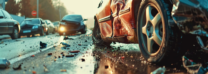 Crashed Car in Daylight on Public Roadway : Automotive Accident Aftermath. - obrazy, fototapety, plakaty
