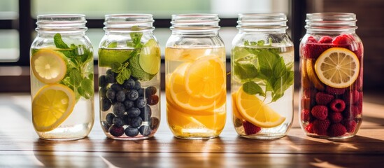 A collection of mason jars showcasing an array of fruits and herbs, perfect for delicious food storage or creating refreshing drinks - obrazy, fototapety, plakaty
