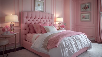 Luxurious bedroom with tufted headboard and pink bedding in a modern home. doll style interior