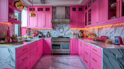 Kitchen in doll style, Bright pink kitchen cabinets with modern appliances and chic decor in sunlight.