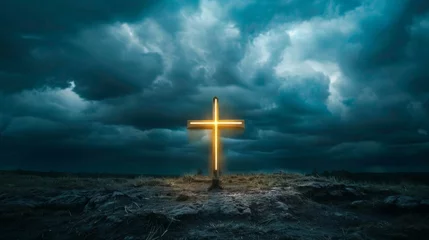 Foto op Plexiglas Dramatic illuminated cross standing out against a brooding stormy sky, symbolizing hope and faith. © red_orange_stock