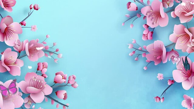 blue background with floral decorated blooming cherry flowers. seamless looping overlay 4k virtual video animation background