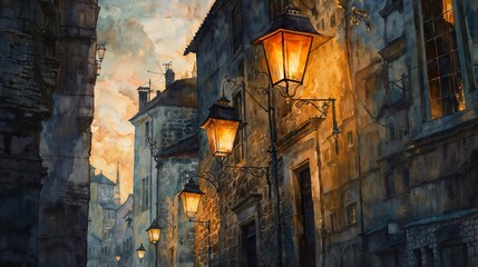 watercolor, dusk, street lamps, warm glow, cobblestone alley, vintage, twilight, old buildings,...