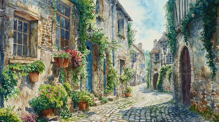 Fotobehang watercolor, cobblestone, village, flowering ivy, historical, sunny, quaint houses, potted plants, rustic charm, stone walls, blooming flowers, idyllic, peaceful, French countryside, art, narrow street © heup22