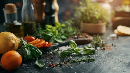 An array of fresh culinary ingredients and herbs laid out on a dark kitchen surface, ready for cooking.