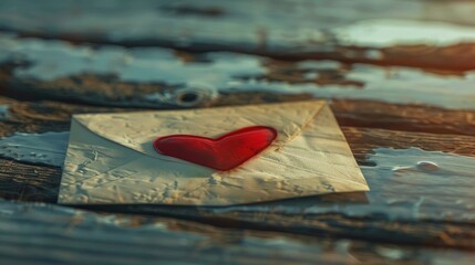 An envelope sealed with a red heart wax stamp, suggesting a romantic love letter on a textured surface.