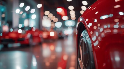 Selective focus on a luxury red car in a showroom with bokeh light effects. - obrazy, fototapety, plakaty