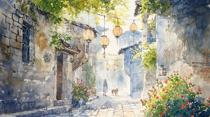watercolor, lanterns, alley, cobblestone, ivy, tranquil, person with dog, morning walk, flowering plants, serene, cultural, art, dappled light, old town, scenic, traditional, village, casual stroll