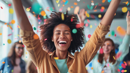 Happy young woman with arms raised celebrating moment joyfully with colorful confetti around.