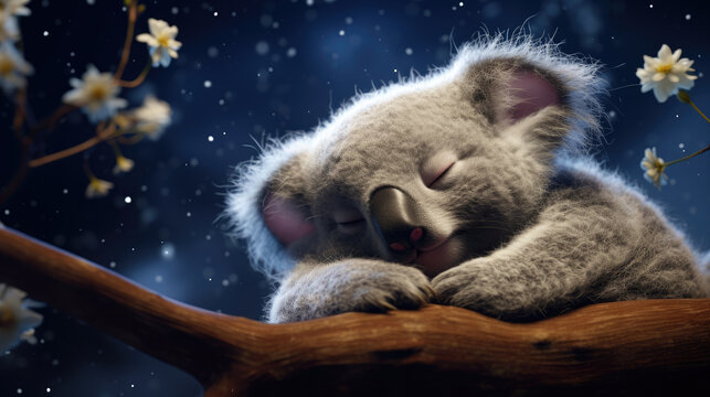 Cute Little baby Koala animal sleeps soundly in the full moon, starry sky and clear night sky created with Generative AI Technology