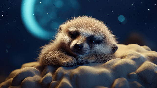 Cute Little baby Meerkat Mirkat animal sleeps soundly in the full moon, starry sky and clear night sky