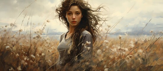 A woman stands in a vast grassland with the sky above, surrounded by tall grass and fluffy clouds. She is happy, enjoying the beauty of nature - Powered by Adobe