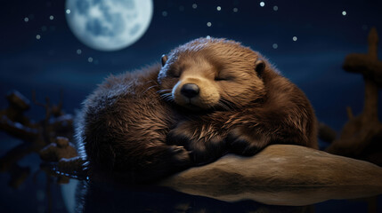 Fototapeta premium Cute Little baby sea otter animal in a sleeping hat sleeps soundly in the full moon, starry sky and clear night sky created with Generative AI Technology