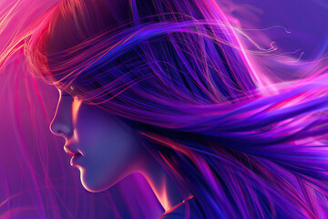 Vibrant Neon Portrait of a Woman with Flowing Hair, Digital Art Concept
