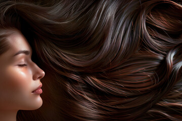  Lush Chestnut Hair Cascading in Waves around Serene Female Face - obrazy, fototapety, plakaty