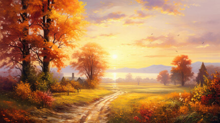 autumn road in the countryside in bright orange style in the summer morning sunset romantic pastoral charm with orange autumn trees around created with Generative AI Technology - obrazy, fototapety, plakaty