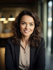 Fototapeta premium Beautiful smiling middle aged Irish executive business woman with long brown hair wearing black suit