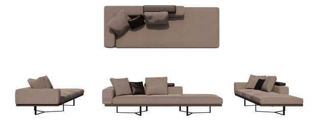 sofa bed with metal leg, living room, isometric sofa, sofa with pillows mockup, top view, font...