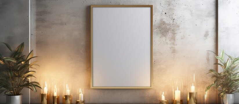 A simple picture frame is hanging elegantly on a white wall, surrounded by flickering candles and green potted plants