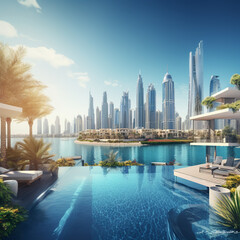 Luxury Resort Poolside View, Serene, Dubai Skyline