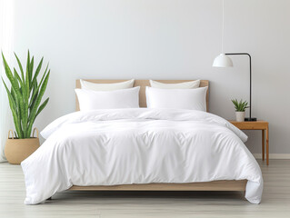 front view of a mockup white bed with a white blanket in a luxurious interior modern room