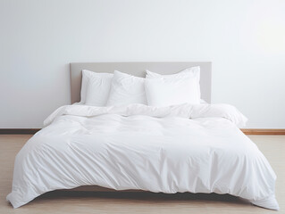 front view of a mockup white bed with a white blanket in a luxurious interior modern room created with Generative AI Technology