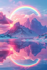 Magical Sunset Over a 3D Fantasy Mountain Landscape with Rainbow Cloud Reflections