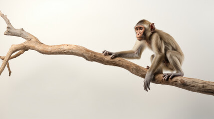 monkey hanging on tree branch with one hand isolated on white background created with Generative AI Technology
