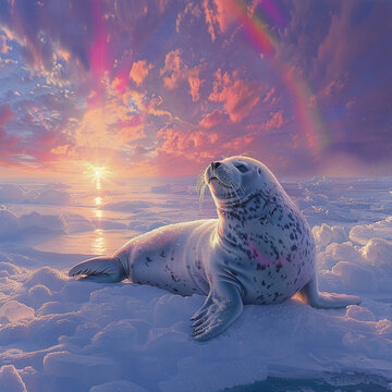 Rainbow over seal, icy landscape, sunlight glimmer, serene moment, vivid colors