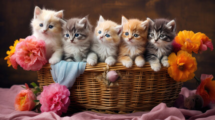 group of kittens cat peeking and curling up in a wicker basket with eyes sparkling innocence and curiosity created with Generative AI Technology