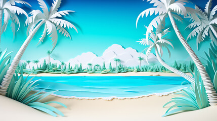 tropical paradise beach scene with white sand in paper cut style