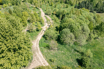 curved dirt road through green grassy meadow and deciduous forest. aerial overhead view. - 768389791
