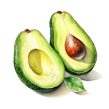watercolor drawing of sliced avocado fruit isolated on white background created with Generative AI Technology