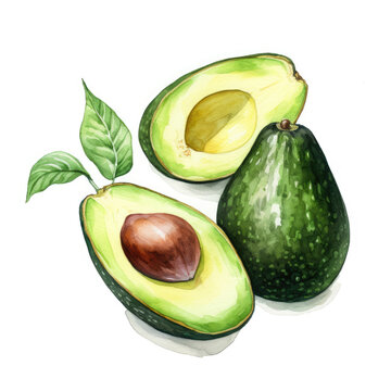 watercolor drawing of sliced avocado fruit isolated on white background created with Generative AI Technology