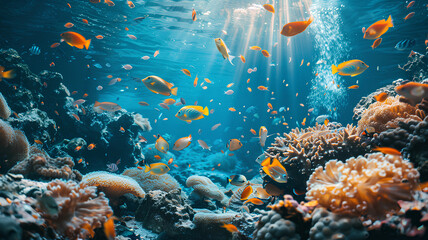 Fototapeta na wymiar Colorful Tropical Fishes Swimming in Coral Reef . Vivid tropical fish showcasing a burst of colors as they swim through the bustling ecosystem of a coral reef. 