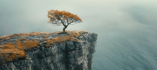 A tree on the edge of a rock ocean cliff. Generative AI technology. - obrazy, fototapety, plakaty