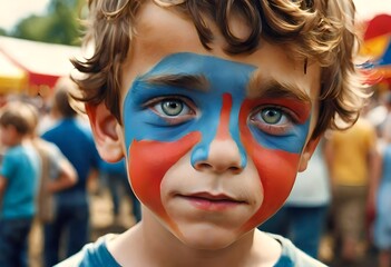 Obraz premium a photo realistic illustration of a young boy with his face painted at a fair. county fair. exhibition. child. kid. state fair.