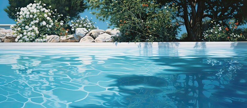 A serene pool captured in a painting, showcasing lush green foliage and a tall tree in the background