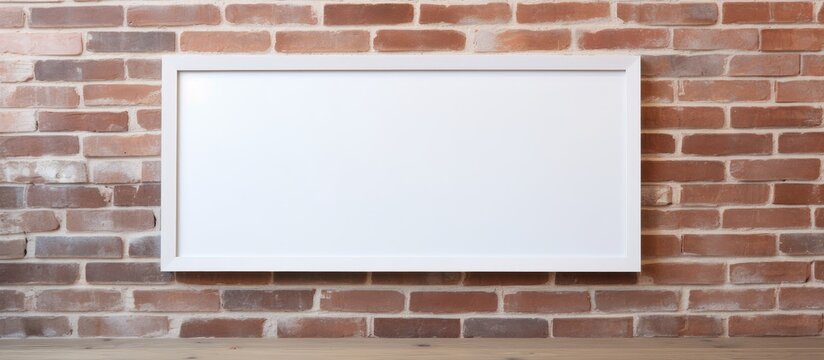 A simple white picture frame mounted on a red brick wall in a room with natural lighting