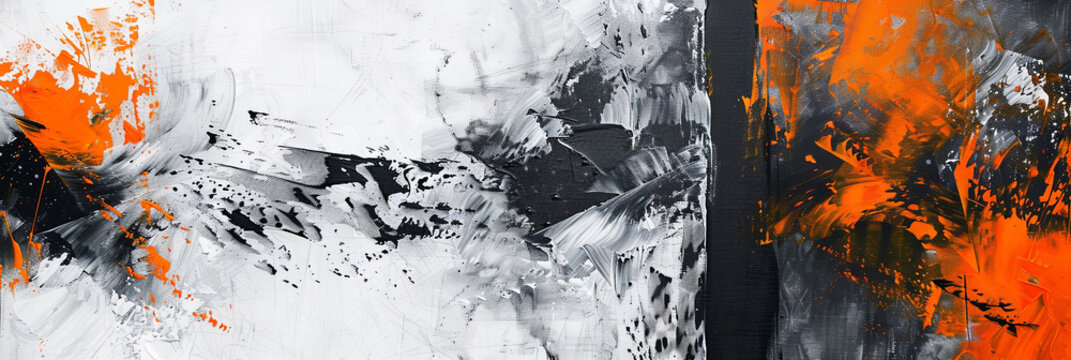 abstract painting, white background with black and gray shapes, orange accent color, generative AI