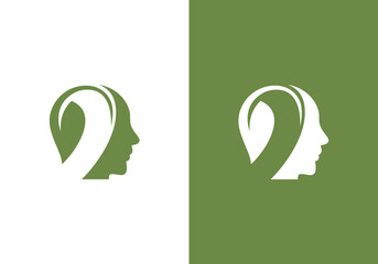 human head logo vector icon template with green leaves. logo template design inspiration vector minimalist green head and leaves. mind health logo naturally