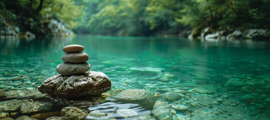 Stones balance tower at river. Peace and harmony concept. Generative AI technology.	
