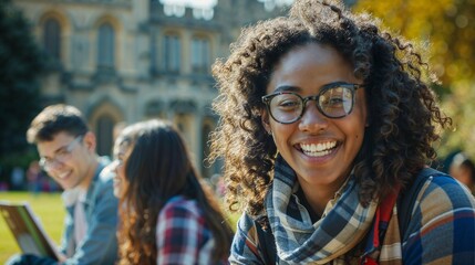 smiling student, glasses, curly hair, joyful, college campus, outdoor study, sunny day, historical architecture, youth, academic life, plaid scarf, casual wear, diverse group, leisure - Powered by Adobe