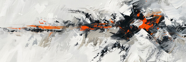 abstract painting, white background with black and gray shapes, orange accent color, generative AI